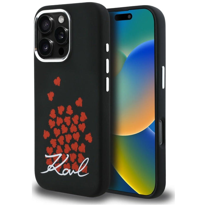Силиконов калъф Karl Lagerfeld с лого и символ на сърце MagSafe за iPhone 16 Pro Max - черен