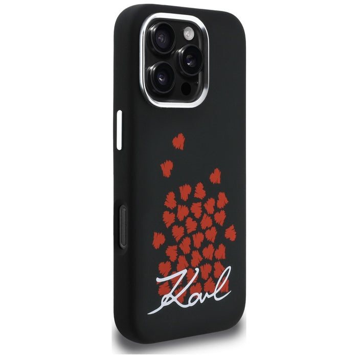 Силиконов калъф Karl Lagerfeld с лого и символ на сърце MagSafe за iPhone 16 Pro Max - черен