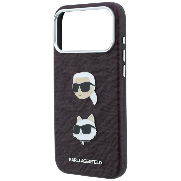 Кейс Karl Lagerfeld Saffiano с глави на Karl & Choupette, значки и лого за iPhone 18 Pro / 17 Pro - бордо