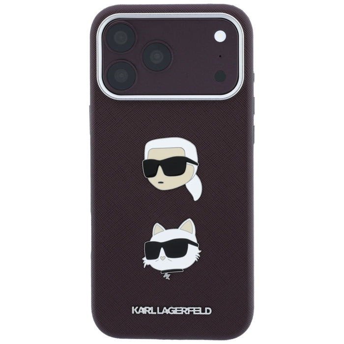 Кейс Karl Lagerfeld Saffiano с глави на Karl & Choupette, значки и лого за iPhone 18 Pro / 17 Pro - бордо