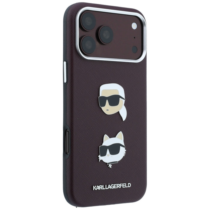 Кейс Karl Lagerfeld Saffiano с глави на Karl & Choupette, значки и лого за iPhone 18 Pro / 17 Pro - бордо
