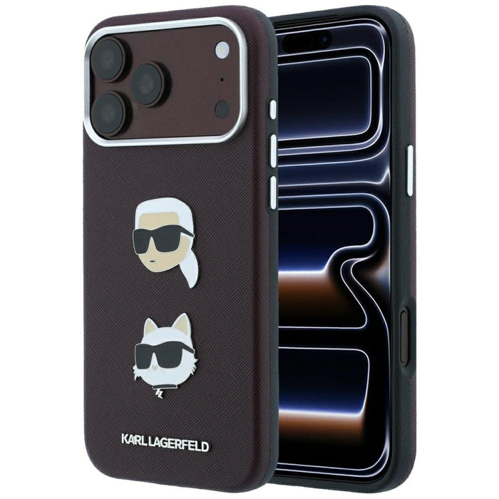 Кейс Karl Lagerfeld Saffiano с глави на Karl & Choupette, значки и лого за iPhone 18 Pro / 17 Pro - бордо