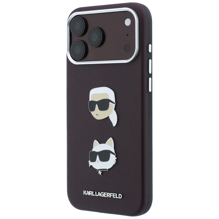 Кейс Karl Lagerfeld Saffiano с глави на Karl & Choupette, значки и лого за iPhone 18 Pro / 17 Pro - бордо
