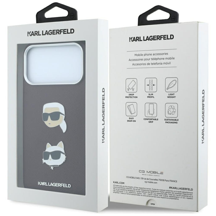 Кейс Karl Lagerfeld Saffiano с глави на Karl & Choupette, значки и лого за iPhone 18 Pro / 17 Pro - бордо