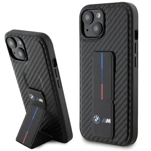 Кейс BMW Grip Stand Smooth & Carbon за iPhone 15 черен