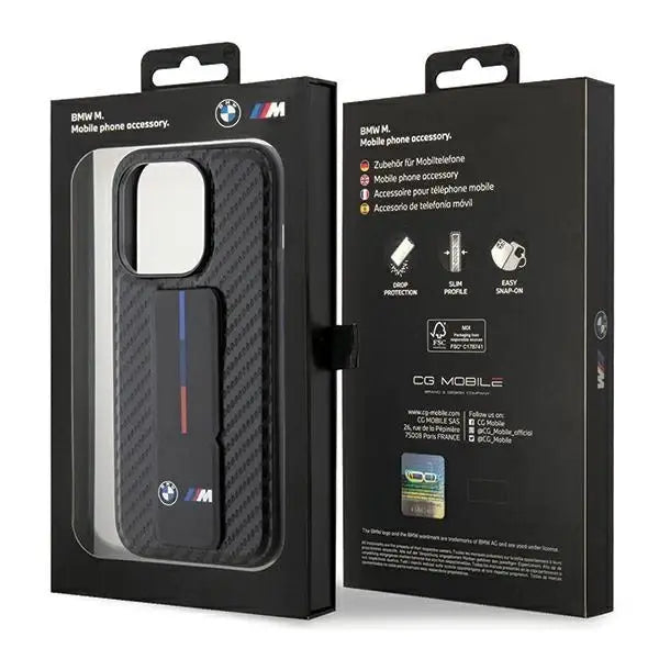 Кейс BMW Grip Stand Smooth & Carbon за iPhone 15 Pro черен