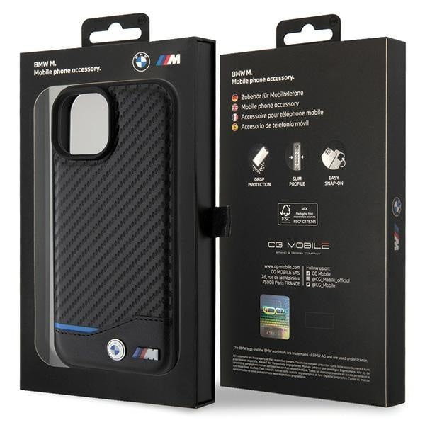 Кейс BMW Leather Carbon за iPhone 15 черен