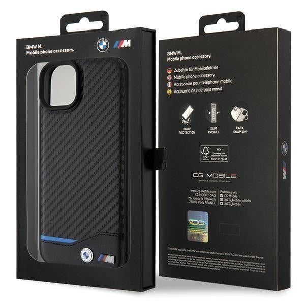 Кейс BMW Leather Carbon за iPhone 15 Plus черен