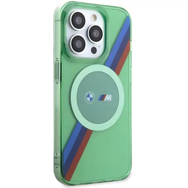 Кейс BMW M Tricolor Stripes MagSafe за iPhone 15 Pro зелен