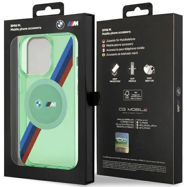 Кейс BMW M Tricolor Stripes MagSafe за iPhone 15 Pro зелен