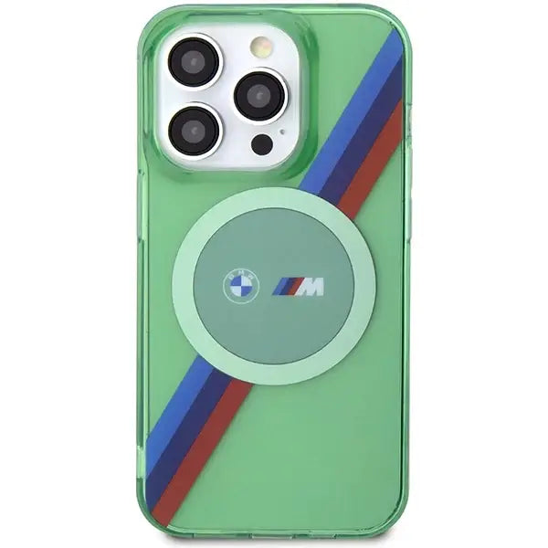 Кейс BMW M Tricolor Stripes MagSafe за iPhone 15 Pro зелен