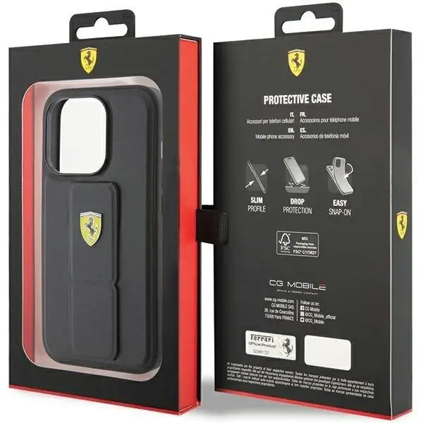 Кейс Ferrari Grip Stand Metal Logo за iPhone 15 Pro черен