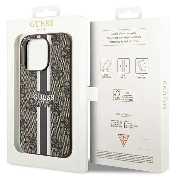 Кейс Guess 4G Printed Stripes MagSafe за iPhone 15 Pro кафяв