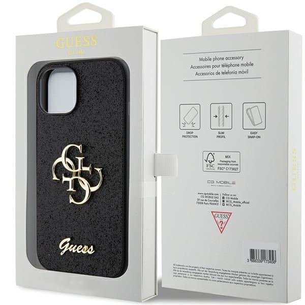 Кейс Guess Glitter Script Big 4G за iPhone 15 Plus черен