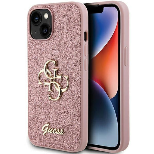 Кейс Guess Glitter Script Big 4G за iPhone 15 розов