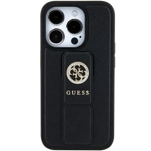 Кейс Guess Grip Stand 4G Saffiano Strass за iPhone 15 черен