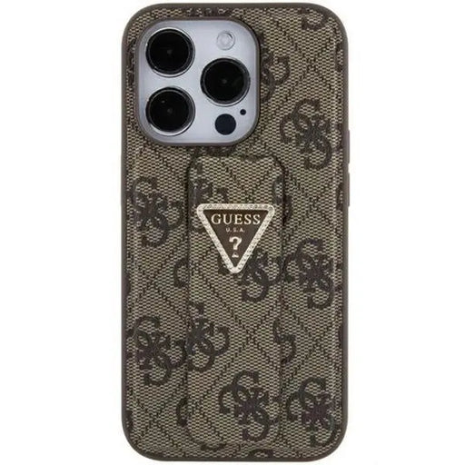 Кейс Guess Grip Stand 4G Triangle Strass за iPhone 15 кафяв