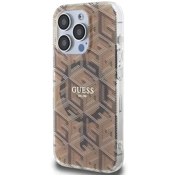 Кейс Guess IML GCube MagSafe за iPhone 15 Pro кафяв