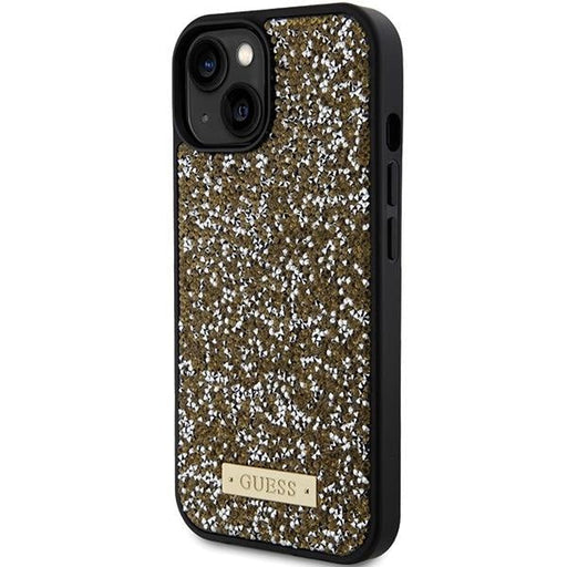 Кейс Guess Rhinestone Metal Logo за iPhone 15 жълт