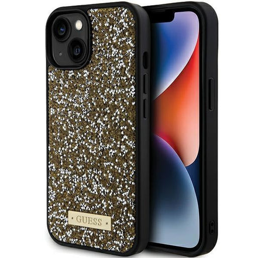 Кейс Guess Rhinestone Metal Logo за iPhone 15 жълт