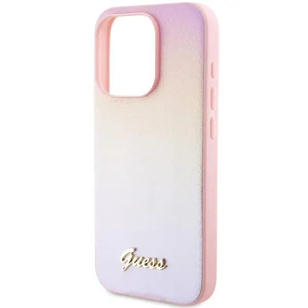 Кейс Guess Saffiano Iridescent Script за iPhone 14 Pro розов