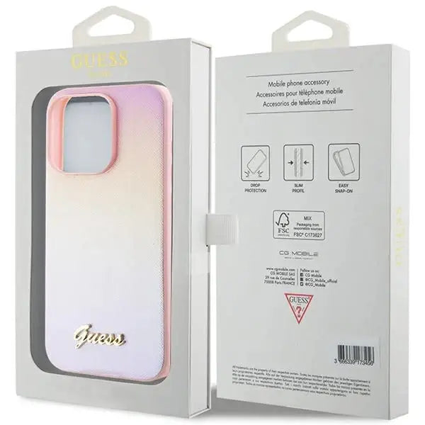 Кейс Guess Saffiano Iridescent Script за iPhone 14 Pro розов