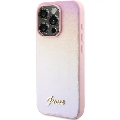 Кейс Guess Saffiano Iridescent Script за iPhone 14 Pro розов