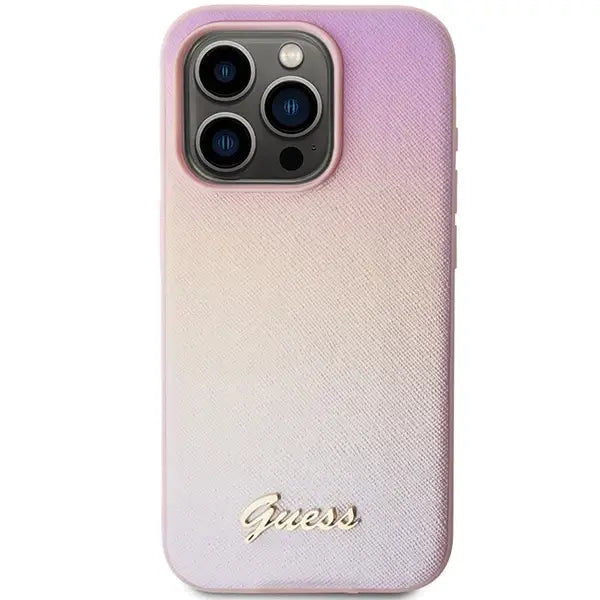 Кейс Guess Saffiano Iridescent Script за iPhone 14 Pro розов