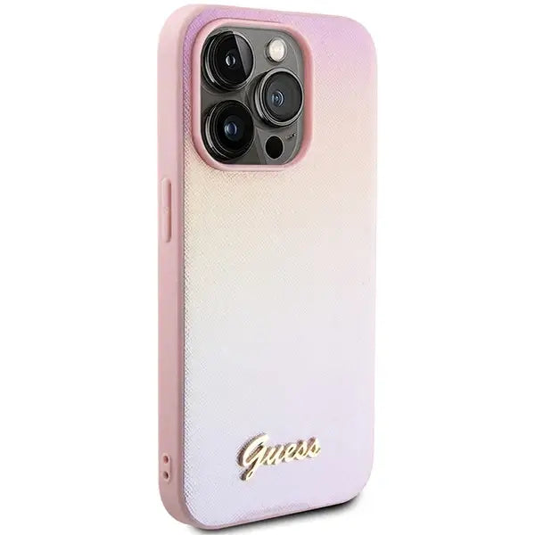 Кейс Guess Saffiano Iridescent Script за iPhone 15 Pro розов