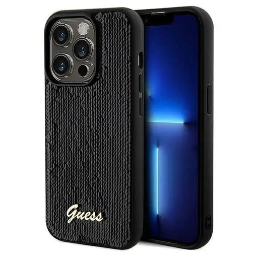 Кейс Guess Sequin Script Metal за iPhone 14 Pro черен