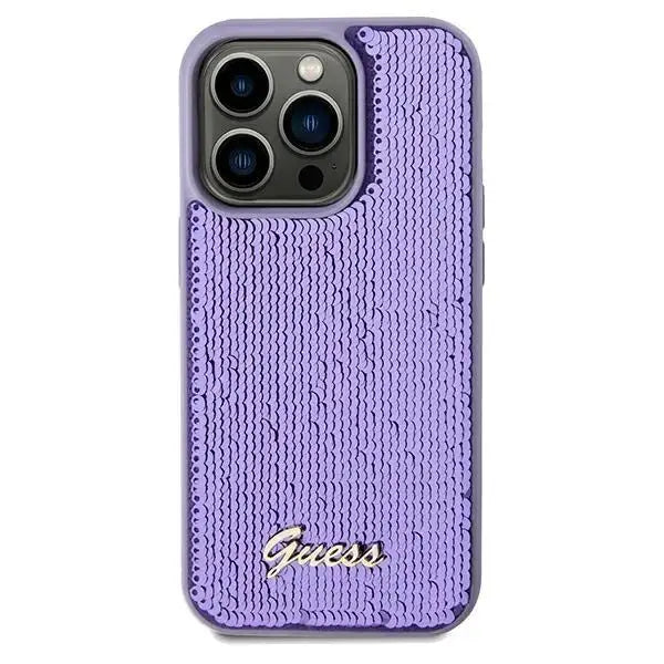 Кейс Guess Sequin Script Metal за iPhone 14 Pro лилав