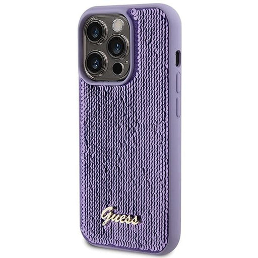 Кейс Guess Sequin Script Metal за iPhone 15 Pro лилав