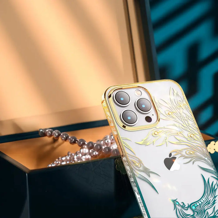 Кейс Kingxbar Phoenix Crystals за iPhone 14 златисто и синьо