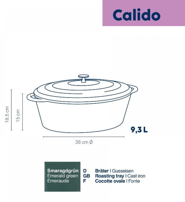 Чугунена тенджера с капак Kela - Calido, 36 х 29 cm, 9.3 l, зелена