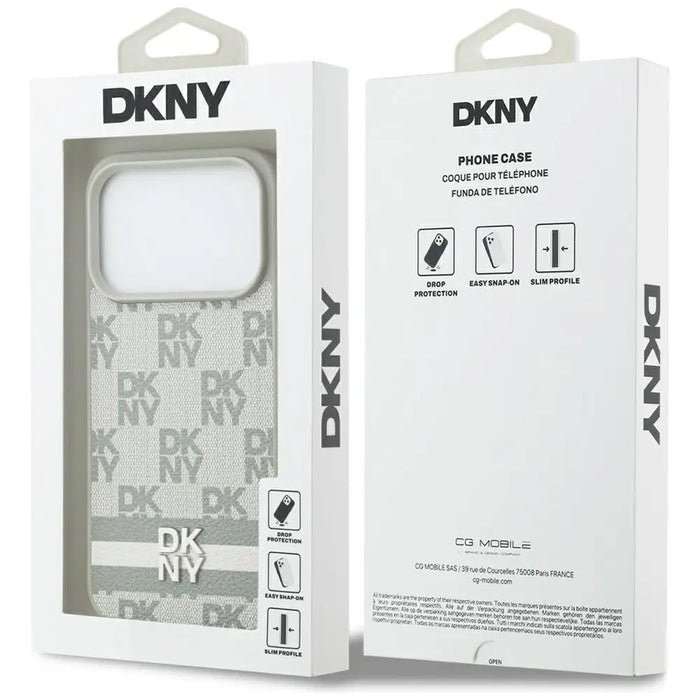 Кейс DKNY с карирани райета и принт за iPhone 17 Pro - бежов