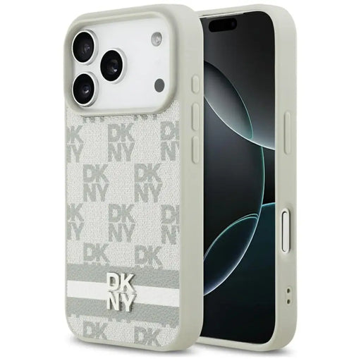 Кейс DKNY с карирани райета и принт за iPhone 17 Pro - бежов