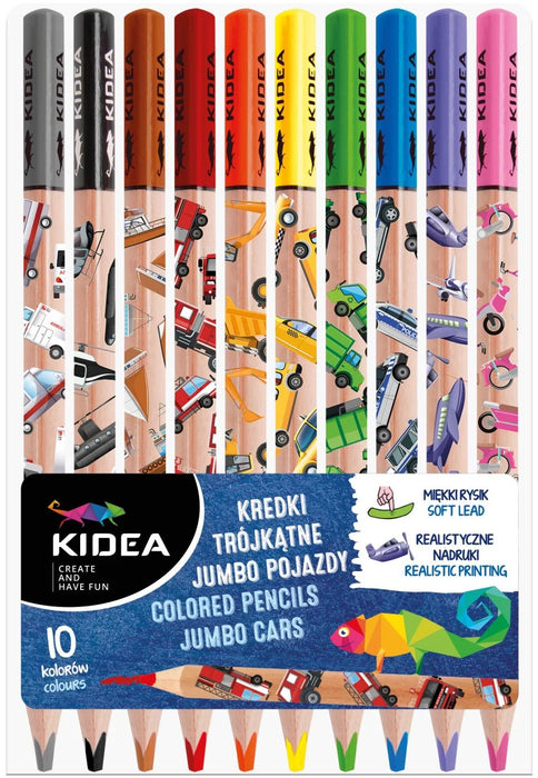 Комплект цветни моливи Kidea - Jumbo Коли, 10 цвята