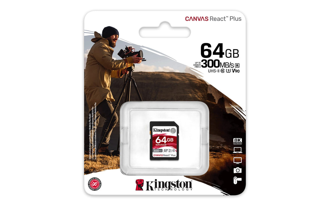 Kingston Technology 64GB Canvas React Plus SDXC UHS-II 300R/260W U3 V90 за Full HD/4K/8K