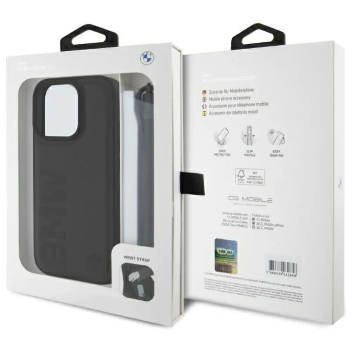 Кожен калъф с надпис BMW Signature за iPhone 16 Pro - черен