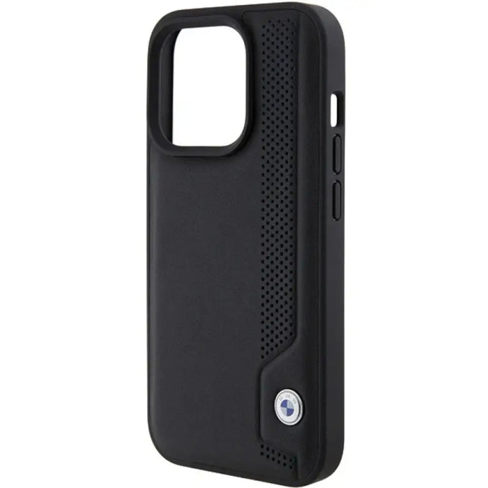 Кожен калъф BMW със сини точки за iPhone 15 Pro Max - черен