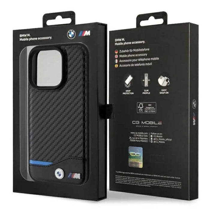 Кожен калъф BMW Carbon MagSafe за iPhone 15 Pro Max черен