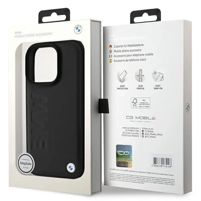 Кожен калъф BMW Hot Stamp MagSafe за iPhone 16 Pro - черен