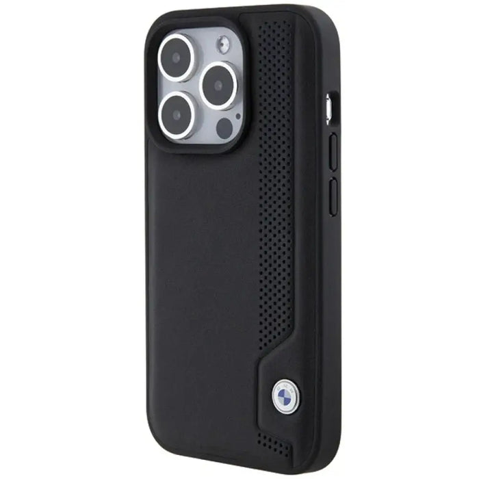 Кожен калъф BMW със сини точки за iPhone 15 Pro Max - черен