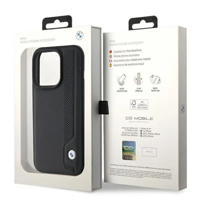 Кожен калъф BMW със сини точки за iPhone 15 Pro Max - черен