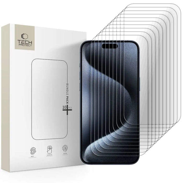 Комплект от 10 закалени стъкла Tech-Protect за iPhone 15