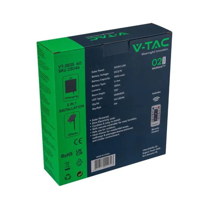 КОМПЛЕКТ СОЛАРНА LED ЛЕНТА 1.2W RGB 900LM 5M IP67 V-TAC