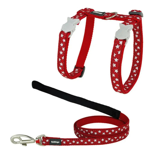 Котешка Сбруя Red Dingo Style Червен Звезда Бял Каишка