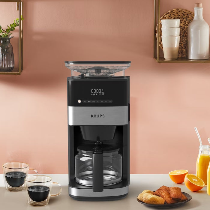 Krups KM832810 Grind & Brew, метална мелачка, 3 степени на смилане, дигитален дисплей, таймер, 1.25 л