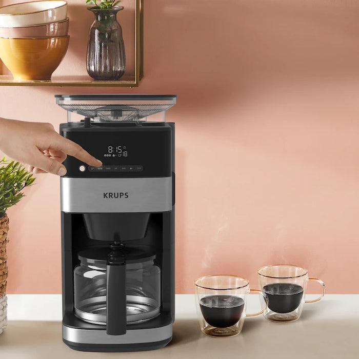 Krups KM832810 Grind & Brew, метална мелачка, 3 степени на смилане, дигитален дисплей, таймер, 1.25 л