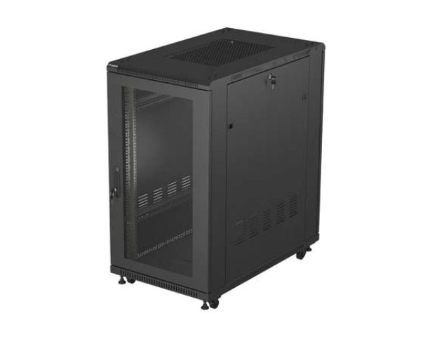 Шкаф за стелажи Lanberg 19" свободно стоящ 22U/600X1000 (плосък пакет) с мрежеста врата, черен